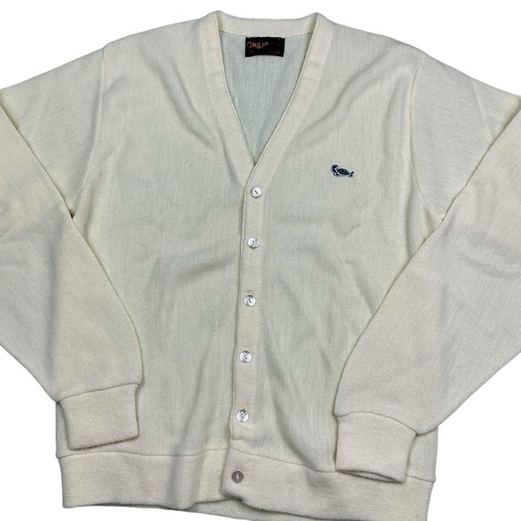 Vintage 70s/80s Challenger ivory knit button front cardigan sweater USA men’s M - Picture 1 of 5
